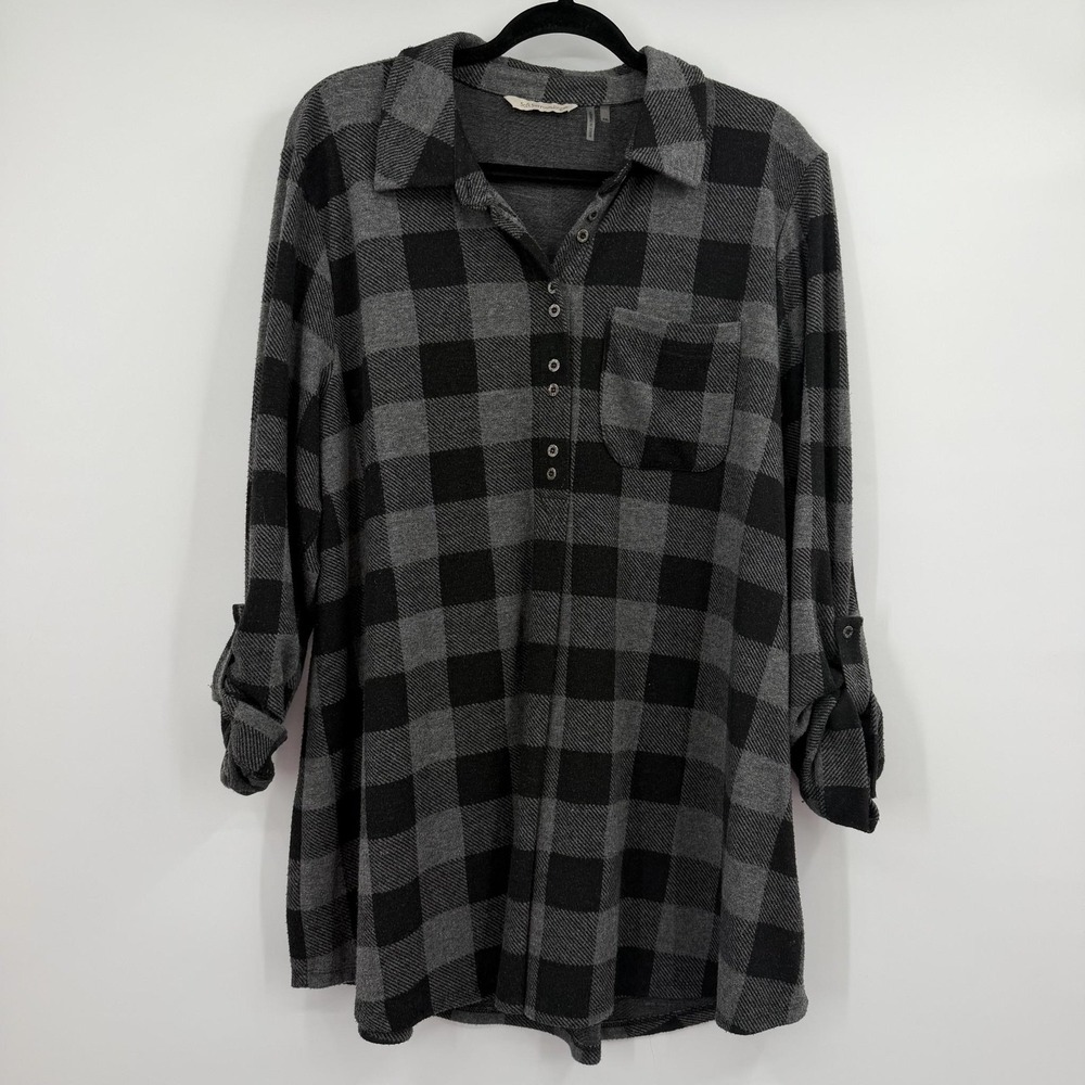 Soft Surroundings Tunic Top Womens XL Petite Gray Plaid Button-Up Long Sleee